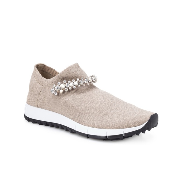 Jimmy Choo Verona Embellished Knit Slip on Sneakers in Ballet Pink/Crystal 36.5